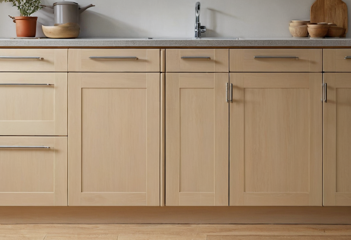 Row of closed pale wooden lower kitchen cabinet doors and drawers beneath a pale worktop.